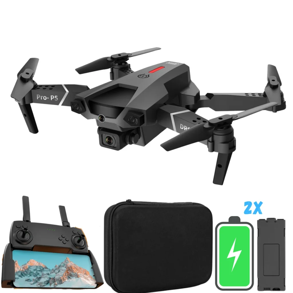 SefSay P5 Pro drone met afstandsbediening, opbergtas en accu's